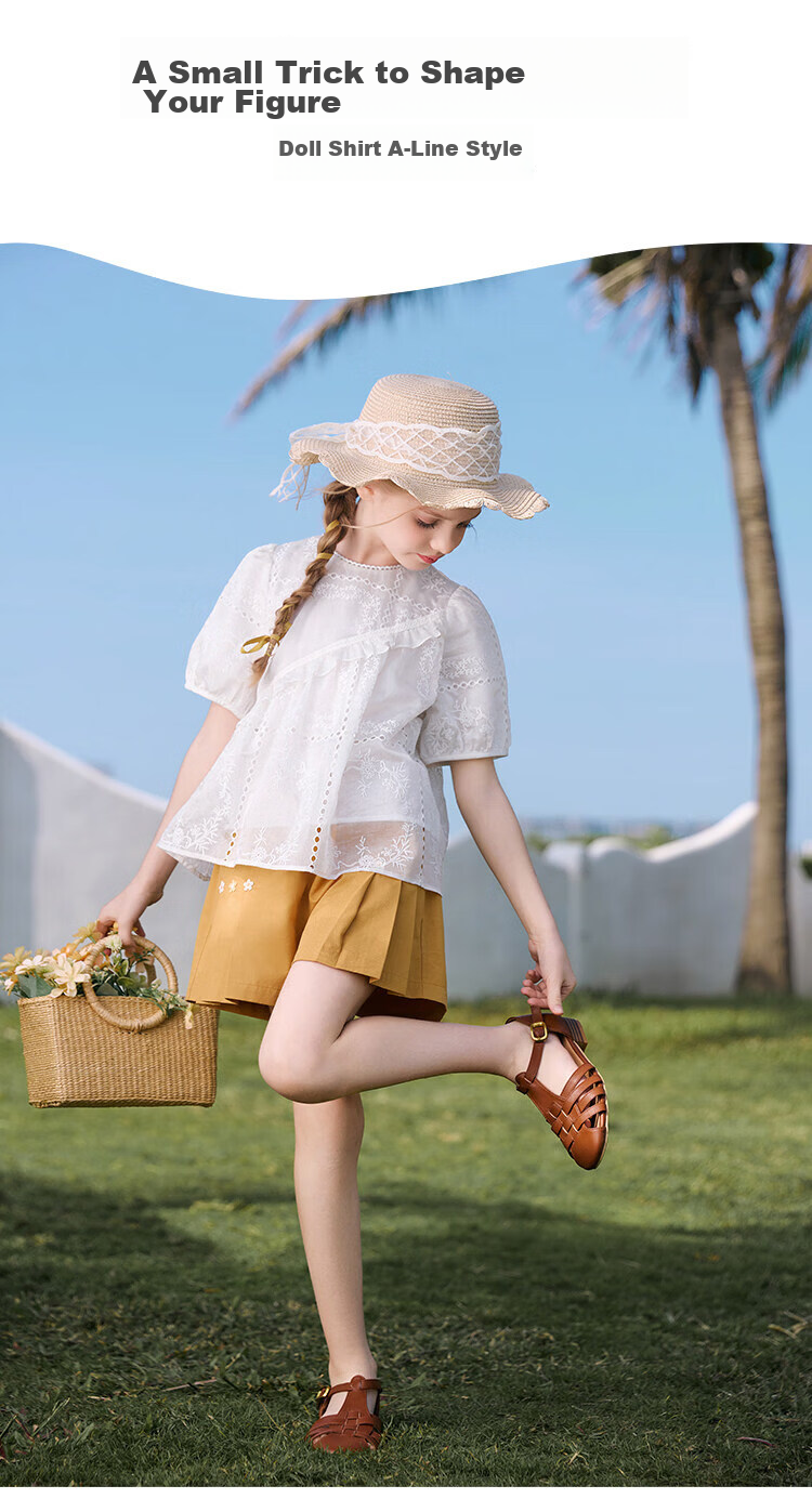 CHANZUIGOU Girls French Style Hollow Embroidered Top 2026 Summer New Breathable Short Sleeve Shirt 8